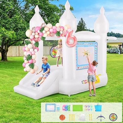 White Bounce House Indoor/Outdoor for Kids 2-8 with Balloons, Magical Water Canvas, Dart Target Balls, Bar Dart Set, Basketball, 102 x 70 x 97 Jumping Castle with Slide for Birthday Party, Wedding