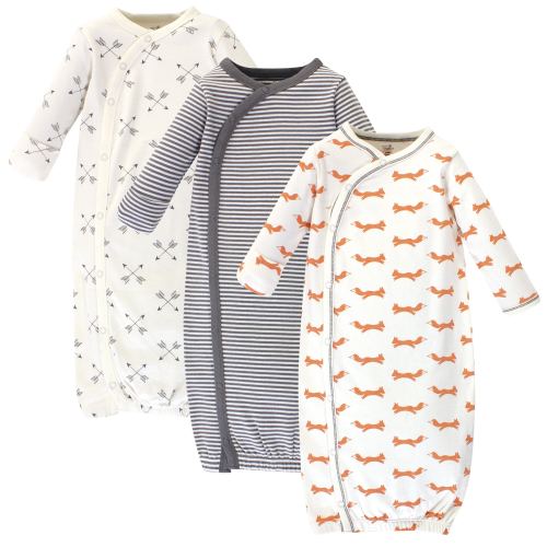 Touched by Nature Baby Organic Cotton Side-Closure Snap Long-Sleeve Gowns 3pk, Fox