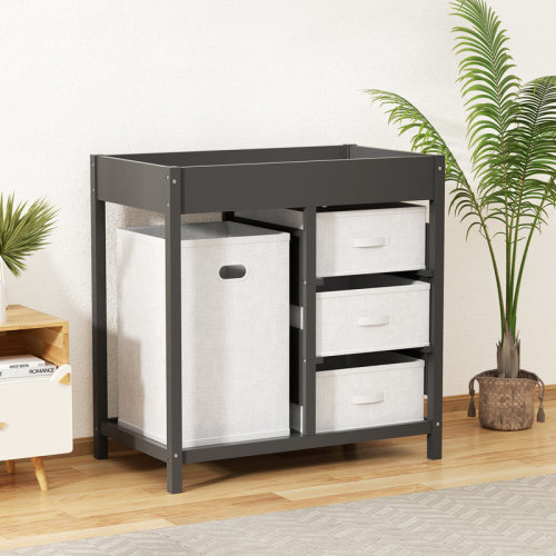 Ebern Designs Baby Changing Table With Laundry Hamper And 3 Storage Drawers | Wayfair