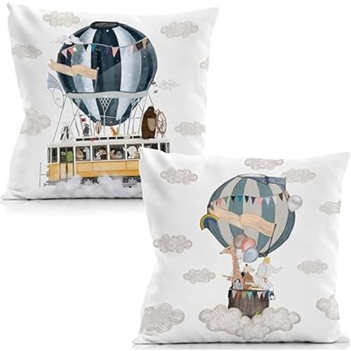 Hot Air Balloon Pillow Covers 18x18 Set of 2 - Woodland Nursery Decor, Kids Room for Girls Boys, Playroom Decorative Pillows