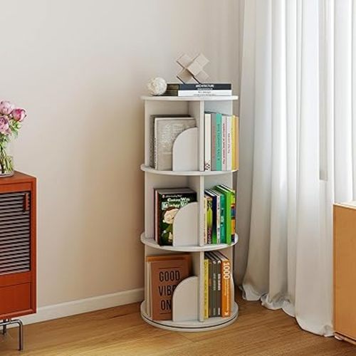 Rotating 3-Tier Bookshelf, 360° Spinning Corner Bookcase with Lazy Susan, White Space Saving Organizer for Study Room, Home Office, Kids Rooms, Bedroom, Adults & Kids