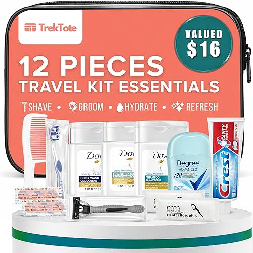 Trektote 12-Piece Women’s Travel Hygiene Kit with Toiletries & Grooming Essentials, TSA-Compliant, Clear Cosmetic Bag, Available in Bulk