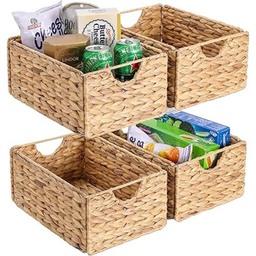 Water Hyacinth Pantry Baskets Set of 4, 12.5 x 9.5 x 6in Wicker Storage Baskets for Shelves, Pantry Baskets, Bathroom Shelves Storage Basket