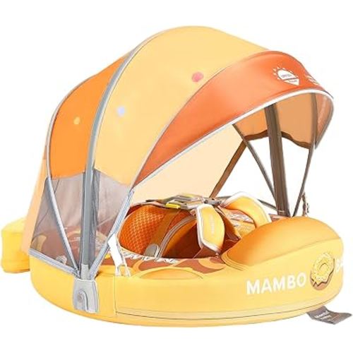 Big Buoyancy and Comfort Mambobaby Float with Canopy and Tail New Upgraded Non-Inflatable Baby Pool Float Mambo Float Swim Trainer Solid Infant Swim Float Adjustable Pearl Foam Baby Swim Ring