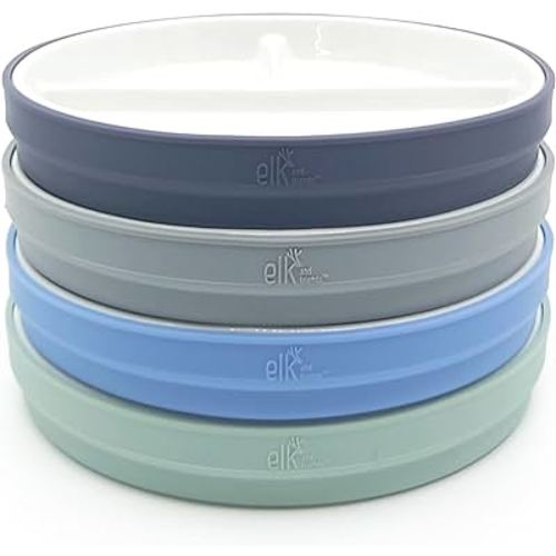 Elk and Friends Kids 6.7” Porcelain White Plates with Silicone Sleeves | Divided Plates | Suitable for Kids/Toddlers | Microwave & Dishwasher Safe | Non Slip | Snack Dishes
