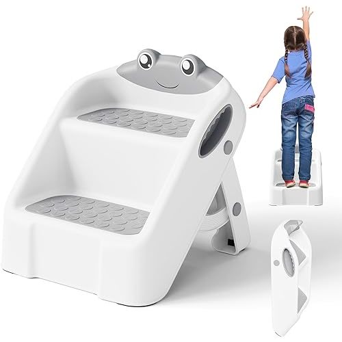 Toddler Step Stool, Easy to Fold Step Stools for Toddlers with Non-Slip Surface & Alphabet Patterns, Lightweight & Cute Kids Step Stool for Potty Training, Bathroom Sink, and Bedroom, Gray