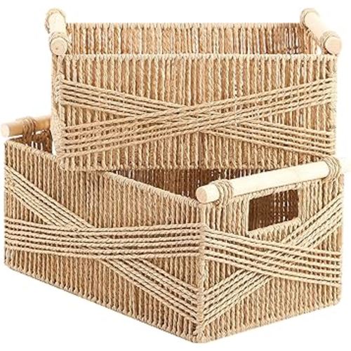 OUTBROS 2-Pack Woven Storage Baskets,Paper Rope Basket with Wood Handles, Decorative Boho Desk Wicker Storage Bins for Shelves, Organizer Container,Nature