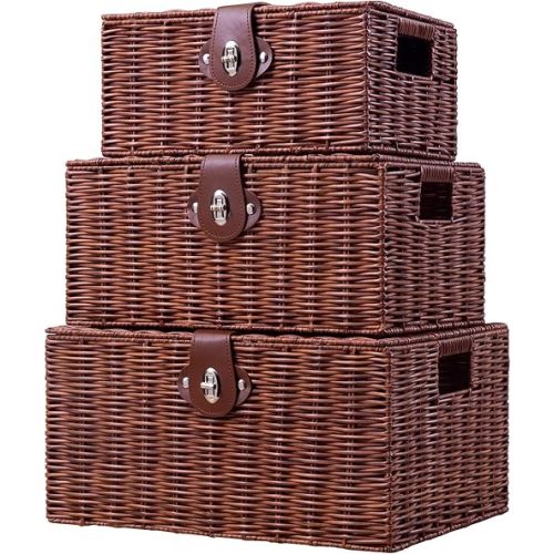 Set of 3 Woven Wicker Storage Basket Box with Lid & Lock, Built-in Carry Handles, Multifunctional Storage Organiser for Nursery, Baby, Clothes, Toys, Books, Large/Medium/Small Size (Natural)