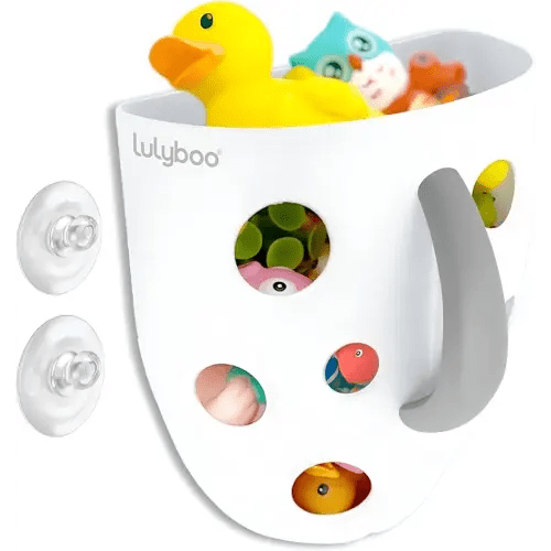 Lulyboo Bath Toy Holder for Bathtub - No-Slip Two Suction Cups Collector - Bath Toy Storage for East Cleanup - Bath Toy Organizer Making Organization Enjoyable - Bath Toy Caddy Basket - White & Grey