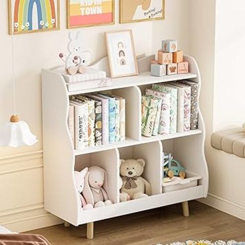 Treocho Kids Bookshelf and Toy Storage Orangizer, 3-Tier Wooden Children's Bookcase with Curve Design, 5 Cubbies Toy Storage Cabinet Display with Legs for Children's Room, Playroom, School, White