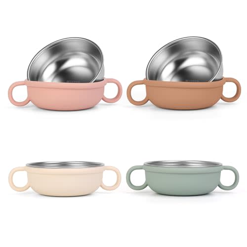 Stainless Steel Baby Bowls, 4 Pack Non-Toxic Kids Toddler Bowls with Removable Silicone Sleeve&Handle,Unbreakable Kids Bowl for Snack,Cereal,Babies Food