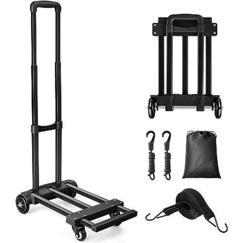 KEDSUM Folding Hand Truck with 4 Wheels, Lightweight Dolly Cart Foldable with 2 Elastic Ropes, Solid Construction Utility Luggage Cart Compact for Travel, Moving and Office Use, Easy to Store