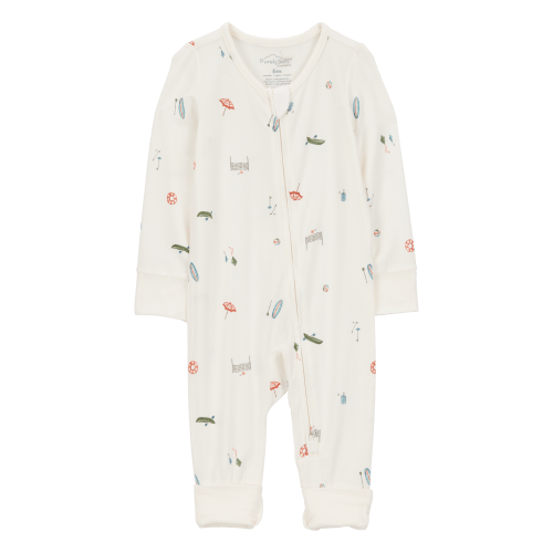 Baby Camp Print 2-Way Zip PurelySoft Convertible Foot Sleep & Play Pajamas - Ivory 9M