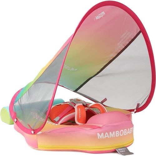 Mambobaby Float Add Tail Newest Baby/Infant Swim Float with Canopy, Non-Inflatable Solid Upgrade Soft Waterproof Skin-Friendly Leather Material (Standard Edition Rainbow) - Deluxe Edition Rainbow
