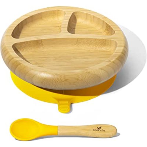 Avanchy Baby Plates Divided Bamboo with Suction for Babies Kids Toddler Food with Silicone Spoon for Feeding (Yellow)
