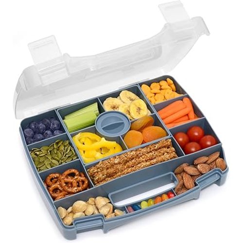 PrimaStella Snacktainer Travel Snack Box - 15 Compartment Snackle Box with Handle and Removable Tray with Leakproof Dip Cup - for Snacks, Road Trips, Airplane Travel (Cream)