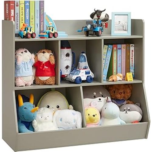 Toy Storage Organizer with Bookshelf, 5-Cubby Children's Toy Shelf, Toy Storage Cabinet, Suitable for Children's Room, Playroom, Hallway, Kindergarten, School (Grey)