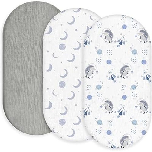 Gllquen Baby Muslin Bassinet Sheets 3 Pack, Breathable Elastic Cozy Fitted Cotton Bassinet Mattress Sheet for Baby Boy Girls, Fit for Hourglass Oval Rectangular Cradle Pad Sheets 33"x17" (Space)