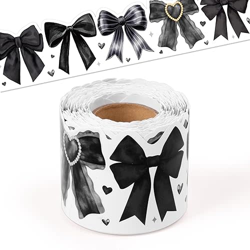 BeYumi Black Bows Border Trim - 65ft Back to School Watercolor Black Bow Coquette Rolled Border Trim Watercolor Bulletin Board Classroom Office Chalkboard Kindergarten Elementary Home Party Decor