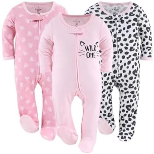 The Peanutshell Footed Sleepers for Baby Girls, Cheetah & Pink Hearts, Newborn to 12 Month