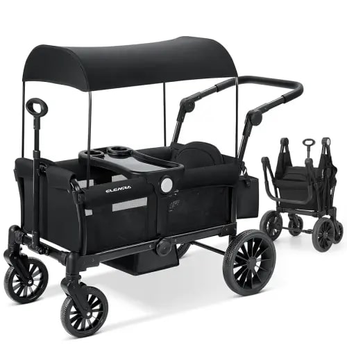 ELEMARA Stroller Wagon for 2 Kids, Foldable Wagon Stroller, Premium All Terrain Wagon for Kids, Kids Wagon Cart w/Removable Canopy, Adjustable Push/Pull Handle, Harnesses, Large Storage Bag, Black
