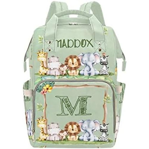 Safari Forest Animals Monograms Personalized Diaper Bag Backpack with Name,Custom Tote Bag Travel DayPack for Nappy Mommy Baby Boy Girl
