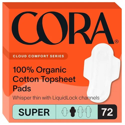 Cora 100% Organic Cotton Topsheet Pad | Ultra Thin Period Pad with Wings | Super Absorbency | Ultra-Absorbent Sanitary Pads for Women (72 Count)