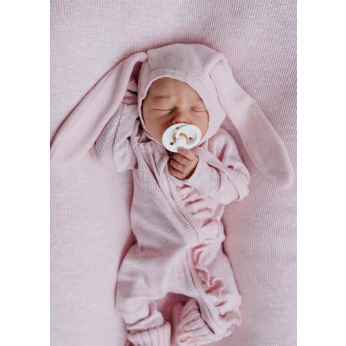 Frill Zip Romper | Baby Pink Marle Waffle – Little and Fern