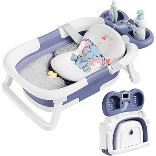 Collapsible Baby Bathtub,Baby Bath Tub with Soft Cushion & Thermometer,Baby Bathtub Newborn to Toddler 0-36 Months,Portable Travel Baby Tub