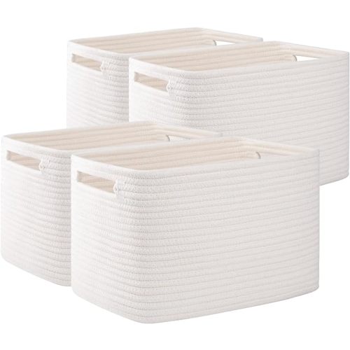 OIAHOMY 4 Pack Storage Baskets for Organizing, Cube Storage Bins for Shelves, Rectangle Storage Baskets With Handles, Woven Baskets for Storage, 12.7''Lx9''Wx7.8''H, White