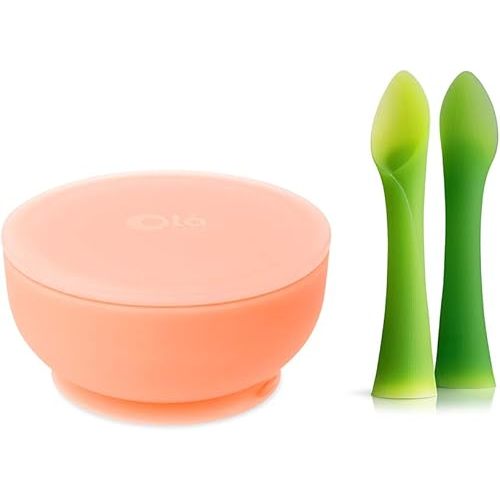 Olababy 100% Silicone Soft-Tip Training Spoon and Suction Bowl with Lid Bundle