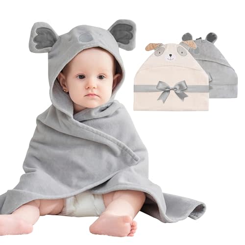Mooreeke 2 Pack Baby Towels - 100% Cotton Baby Hooded Towels - Soft Baby Bath Towels with Hood for Newborn - Comfort Towels for Baby Girls and Boys - Animal Shaped Design (Puppy & Koala)
