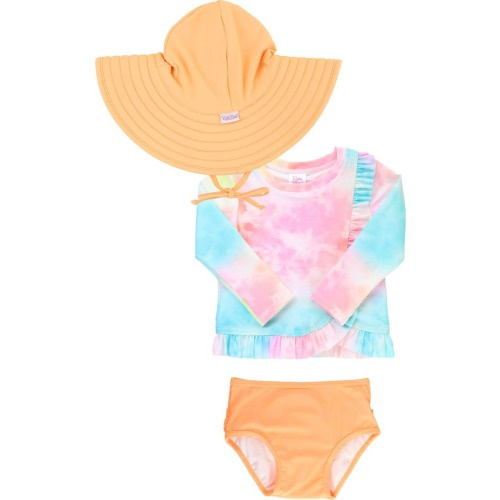 Baby Rainbow Tie Dye Long Sleeve Two-Piece Rashguard Swimsuit & Hat Set, 3-6M, Pink Multi