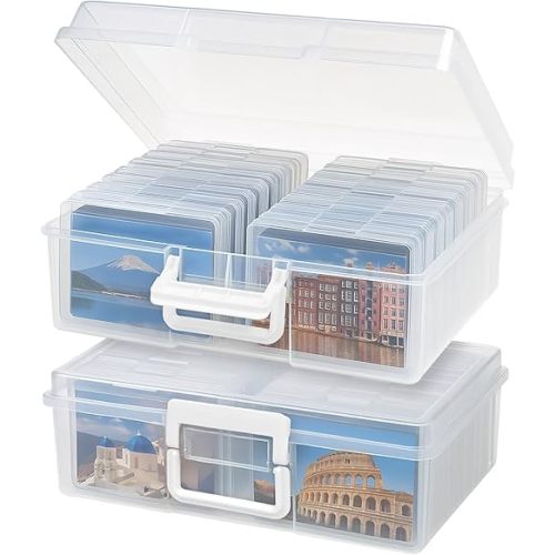 IRIS USA 4" x 6" Photo Storage Box Craft Keeper, 2-Pack, Transparent Handle Container with 16 Organization Cases for Pictures, Crafts, Scrapbooking, Stationery Storage and Organization, Clear