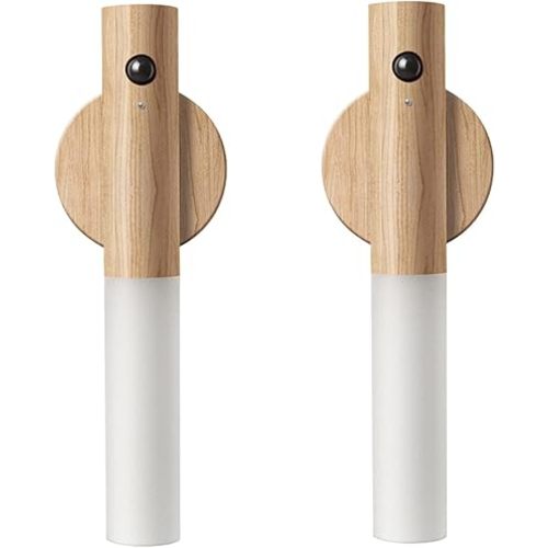 LANDGOO Wooden Motion Sensor Night Lights Magnet Body Sensor Hallway Night Lights Rechargeable Led Light Portable Stairway Night Lights Wall Sconce Battery Powered Christmas Gifts (White Ash Wood 2PC)