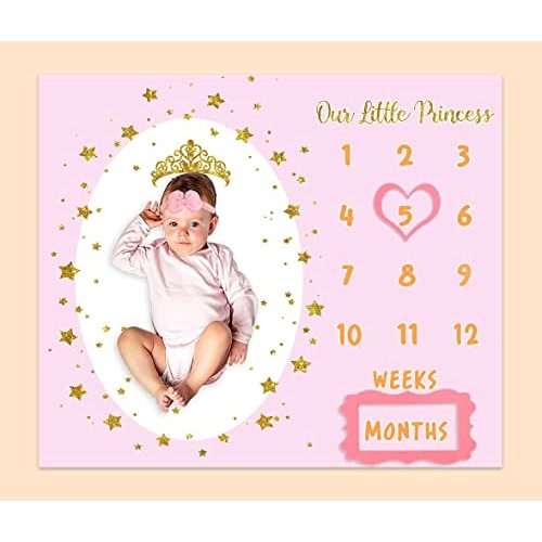PHMOJEN Monthly Milestone Blanket for Baby Girl, 48"x40" Soft Flannel Pink Princess Memory Growth Blanket, Photography Backdrop Prop for Newborn Baby Shower, 1 to 12 Months Include Marks BTLSPH819