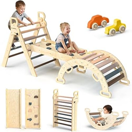 BlueWood Pikler Triangle Set 7in1 Foldable Baby Climbing Toys Wooden Montessori Climbing Set with Arch&Ramp&Ladder Baby Climber Indoor Jungle Gyms for Toddlers Montessori Toys - Mauve Pink
