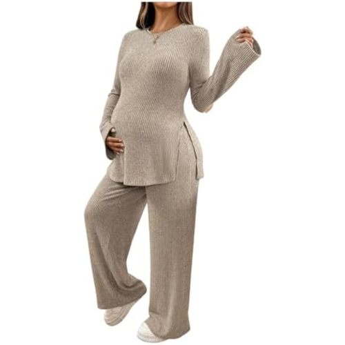 Milumia Women's Maternity Two Piece Outfits Ribbed Long Sleeve Side Slit Top and Legging Pants Outfits