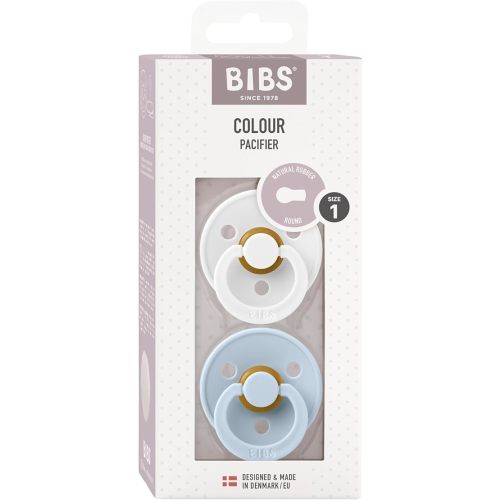 BIBS Pacifiers Colour Collection | Natural Rubber Baby Pacifier | Set of 2 BPA-Free Soothers | Made in Denmark | 0+ Months (Pack of 2) | Baby Blue/White