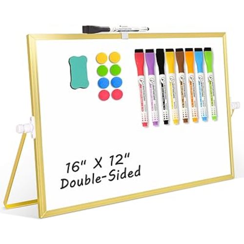 Magnetic Dry Erase White Board, 16" x 12" Double-Sided Golden Aluminum Frame Desktop Whiteboard with Stand, Portable Small Whiteboard Set for Drawing, Office, Home, School