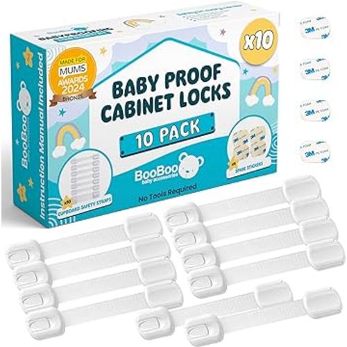 Booboo® (10 Pack) Premium Child Safety Cupboard Door Strap Locks | Baby Proof Your Cabinets with No Trapped Fingers | Extra Easy Installation, No Tools Needed