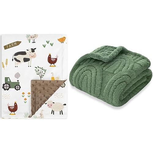 HOMRITAR 2 Pack Baby Blanket for Boys Cute Farm Animals Minky Blanket for Infant Toddler + Fleece Rainbow Toddler Blankets Warmer Comfy Reversible 30 x 40 Inches
