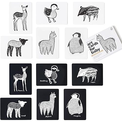 Wee Gallery Black and White Animal Art Cards for Babies, Durable High Contrast Vision Cards, Brain Development Educational Learning Tool for Newborn, Infant, Baby, Toddler - Baby Animals