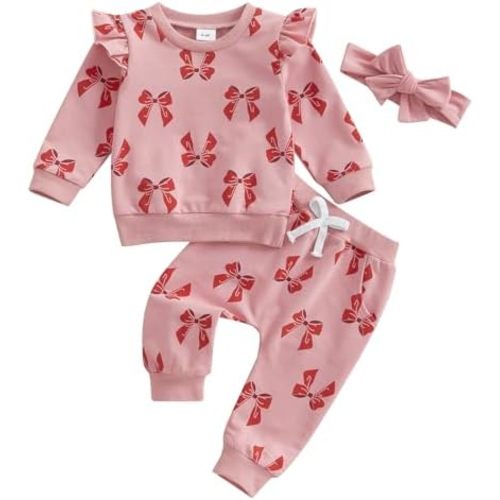 Toddler Baby Girl Outfits Letter Print Flying Sleeve Sweatshirt with Heart Pattern Pants Headband