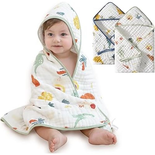 Muslin Baby Hooded Towel - 2 Pack Baby Towels, Ultra-Soft & Absorbent Bath Towel with Original Design, for Newborn & Infant (Dolphin & Dinosaur, 32" x 32")
