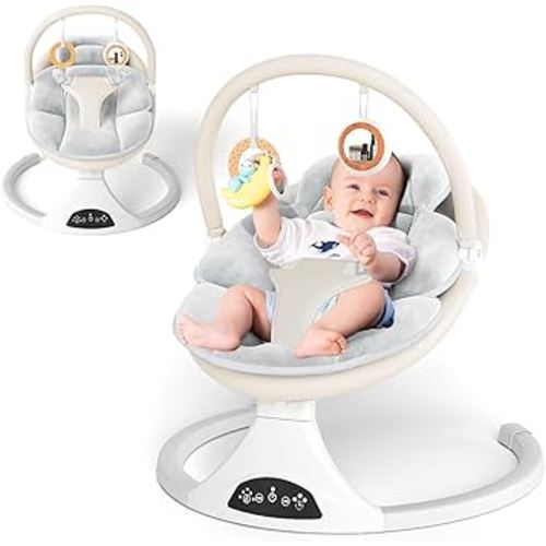 Electric Baby Swing with Remote Control - 5 Natural Motion Speeds, Detachable Seat Pad | Portable Infant Swing for Indoor/Outdoor Use (0-12M, 27lbs) (Beige)