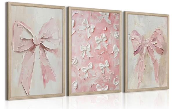 Pink Bow Wall Art Decor Preppy Trendy Posters Coquette Aesthetic Canvas Wall Decor Preppy Girl Room Pictures Vintage Pink Coquette Painting Cute Bow Artwork for Girly Bedroom 16x24x3 Inch Wood Framed