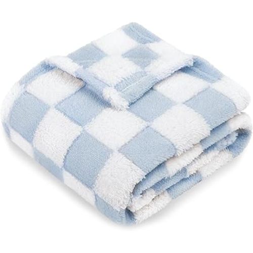 HOMRITAR Checkered Baby Blanket for Boys Girls Warm Cozy Reversible Checkerboard Toddlers Blanket, Fluffy Fuzzy Plush Lightweight Bed Blanket with Chessboard Grid Design 350GSM Baby Blue 30 x 40 Inch