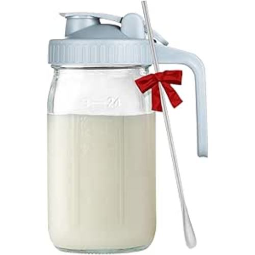 Mason Jar Pour Spout Lid - 32oz Gray Airtight Glass Pitcher with Lid & Mixing Spoon Food Grade and Safe, 1 Quart Sturdy Wide Mouth Jar also Nice for Breastmilk, Milk, Juice and Tea