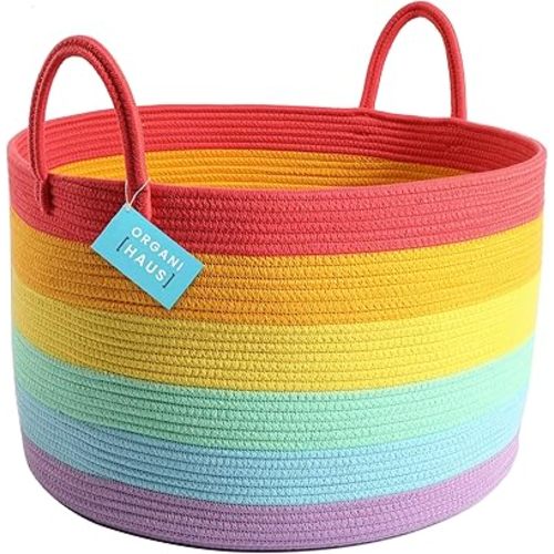OrganiHaus Large Blanket Basket for Living Room 20x13, Rainbow Rope Basket for Classroom Organization, Toy Storage Basket, Woven Kids Laundry Basket, Baby Toy Box, Cute Storage Basket, Nursery Hamper